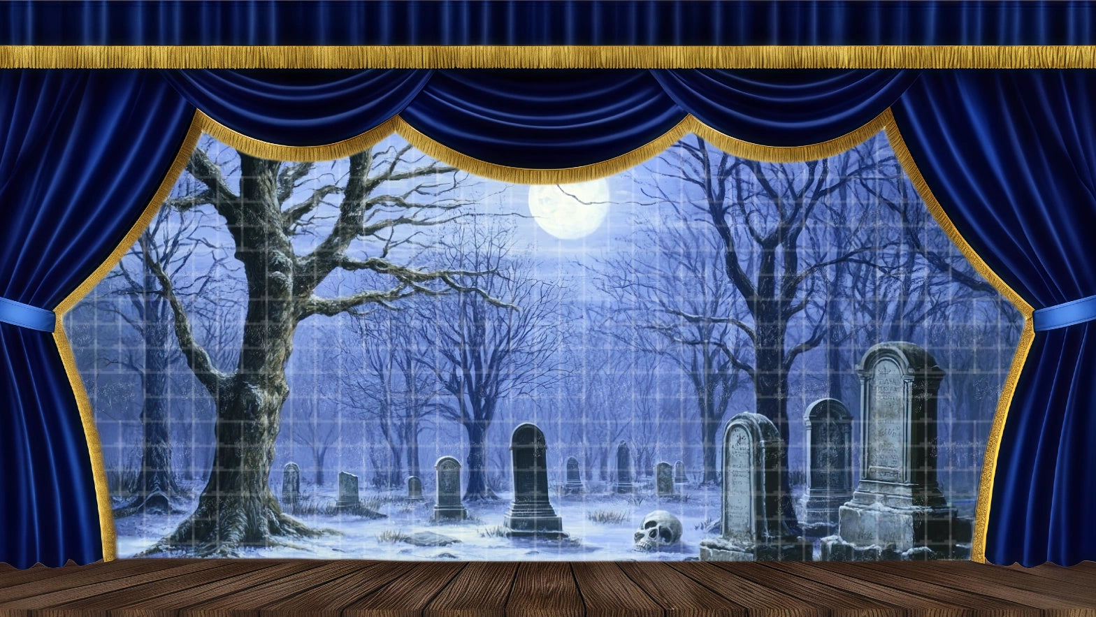 Eerie snowy graveyard backdrop with full moon, dead trees, and tombstones for A Christmas Carol Ghost of Christmas Future scene or Hamlet cemetery scene.