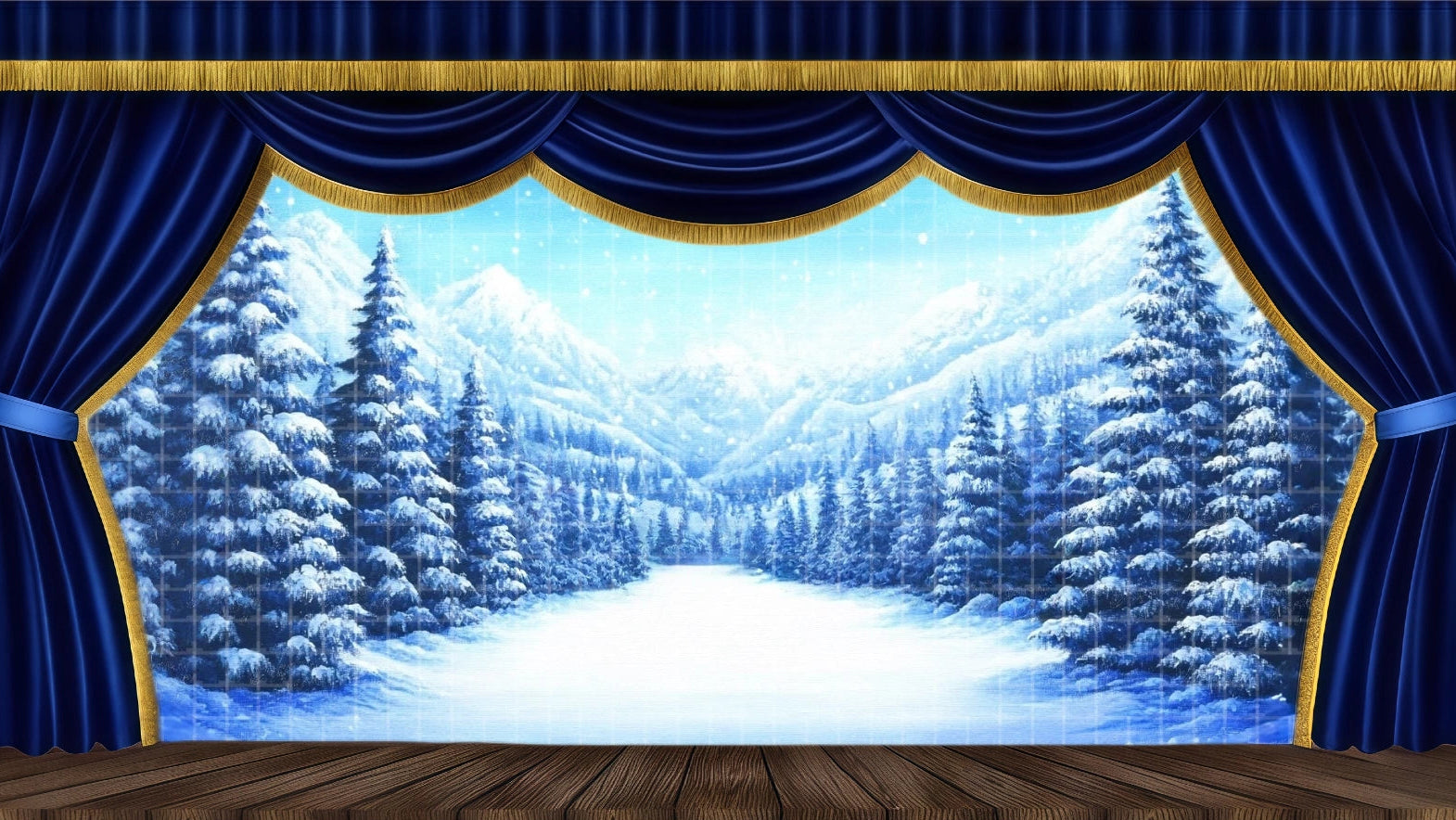 Dramatic snow-covered pine forest and mountain wilderness backdrop with clearing path for A Christmas Carol or Nutcracker Snow Scene.