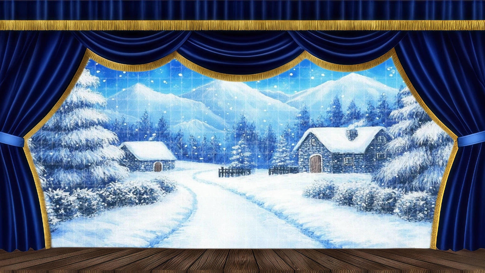 Snowy European village backdrop with stone cottages, pine trees, and mountain vistas for A Christmas Carol childhood scenes or winter drama.