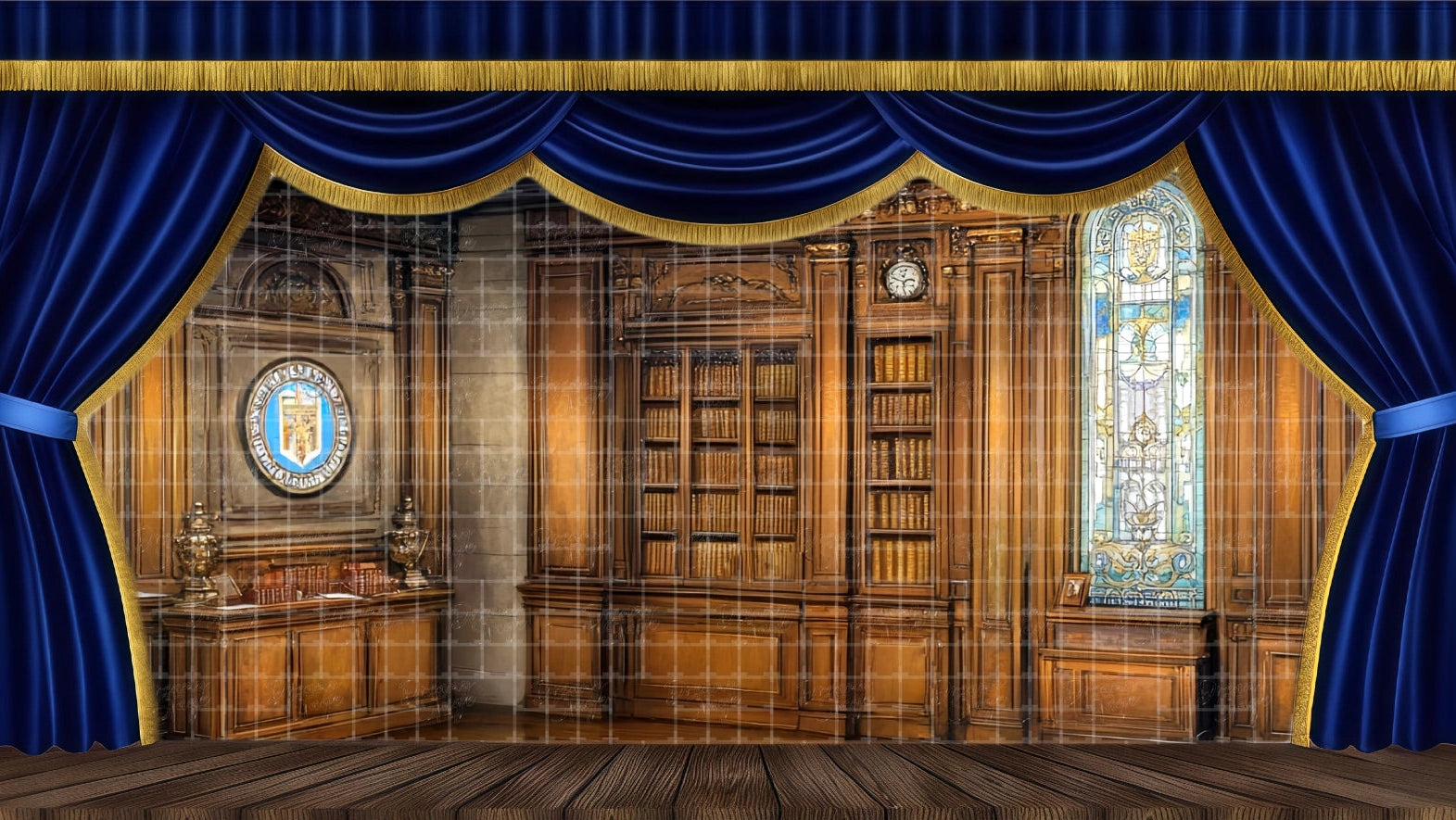 Grand Victorian bank or corporate office backdrop with dark wood paneling, floor-to-ceiling bookshelves, and tall stained glass window for A Christmas Carol.