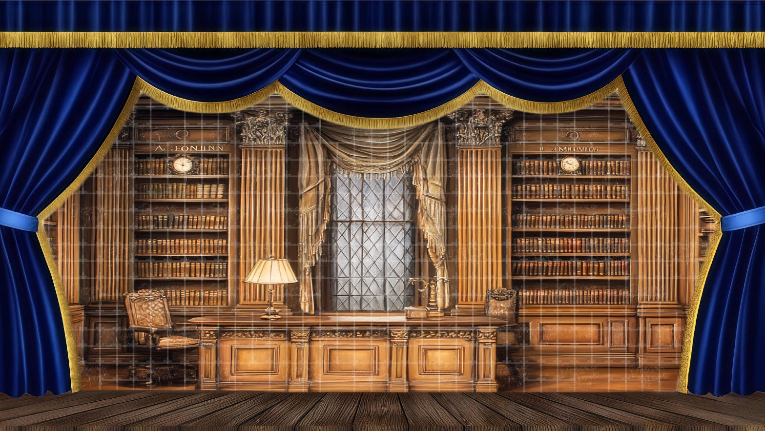 Ornate Victorian office backdrop featuring wood paneling, floor-to-ceiling bookshelves, large desk, and antique clocks for A Christmas Carol Scrooge's Office scene.