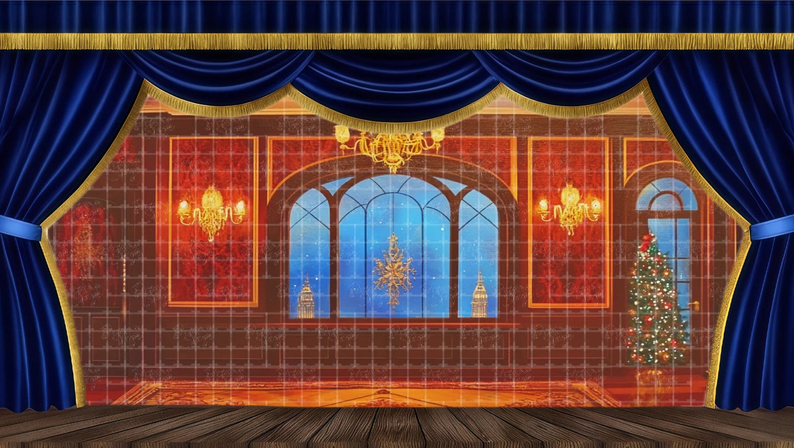Luxurious Victorian parlor backdrop in red and wood featuring a Christmas tree and arched window view of a snowy London cityscape at night for A Christmas Carol.