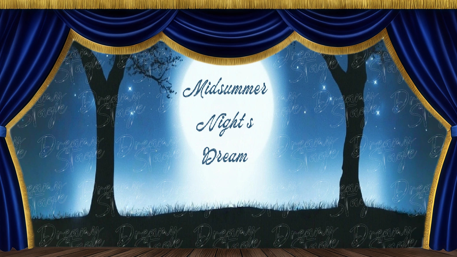 Moonlit title banner stage backdrop for A Midsummer Night’s Dream with trees and dreamy night atmosphere. Digital stage backdrop for HD projection, virtual scenery, and theatrical use.