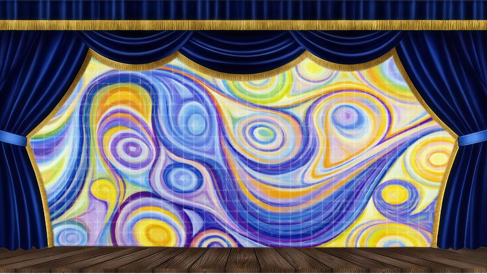 Abstract swirling candy-themed stage backdrop with vibrant circular patterns. Ideal theatrical backdrop for musical transitions and creative stage scenes.