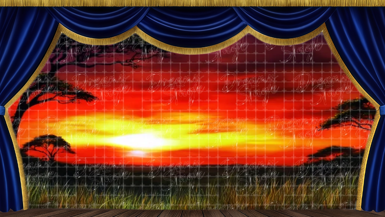 Dramatic red sunset backdrop with silhouetted acacia trees and glowing clouds. Perfect for tense emotional scenes in Lion King-style productions.