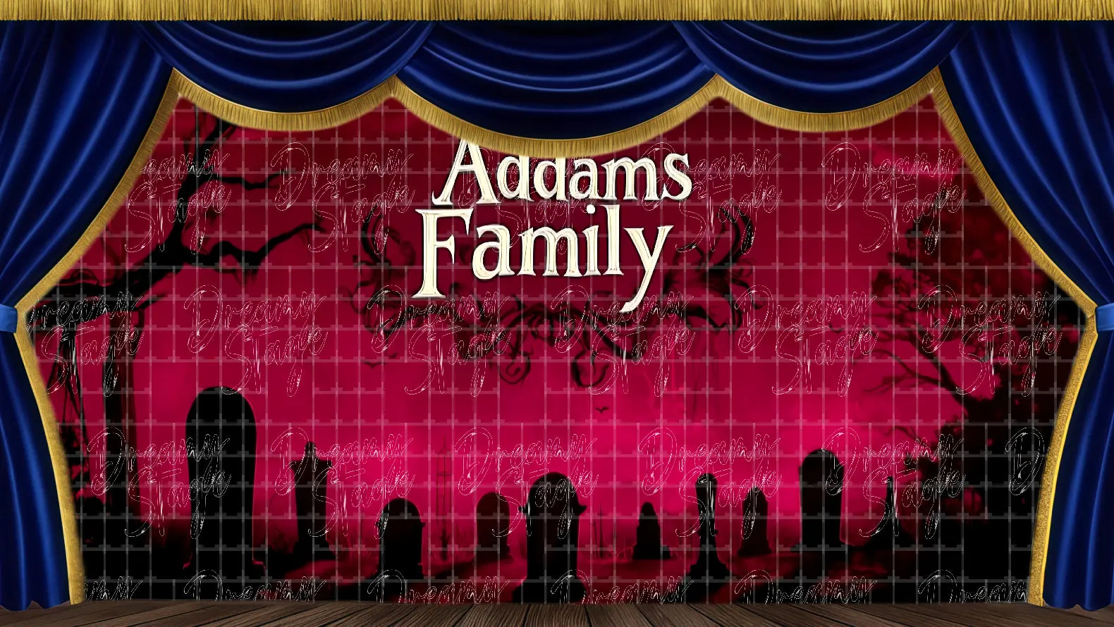 Addams Family inspired gothic cemetery stage backdrop featuring red sky, grave silhouettes, and haunted atmosphere. Ideal for school musical productions and Halloween theatre performances.