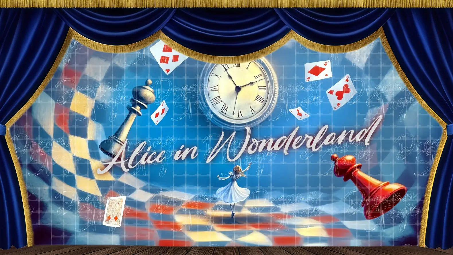 Alice in Wonderland title banner stage backdrop featuring a checkered floor, floating cards, and a central clock motif. Ideal theatrical backdrops for fantasy musicals, school plays, and Alice in Wonderland productions. Available in Microfiber, Outdoor Linen, and Theatre-Certified Fabric.