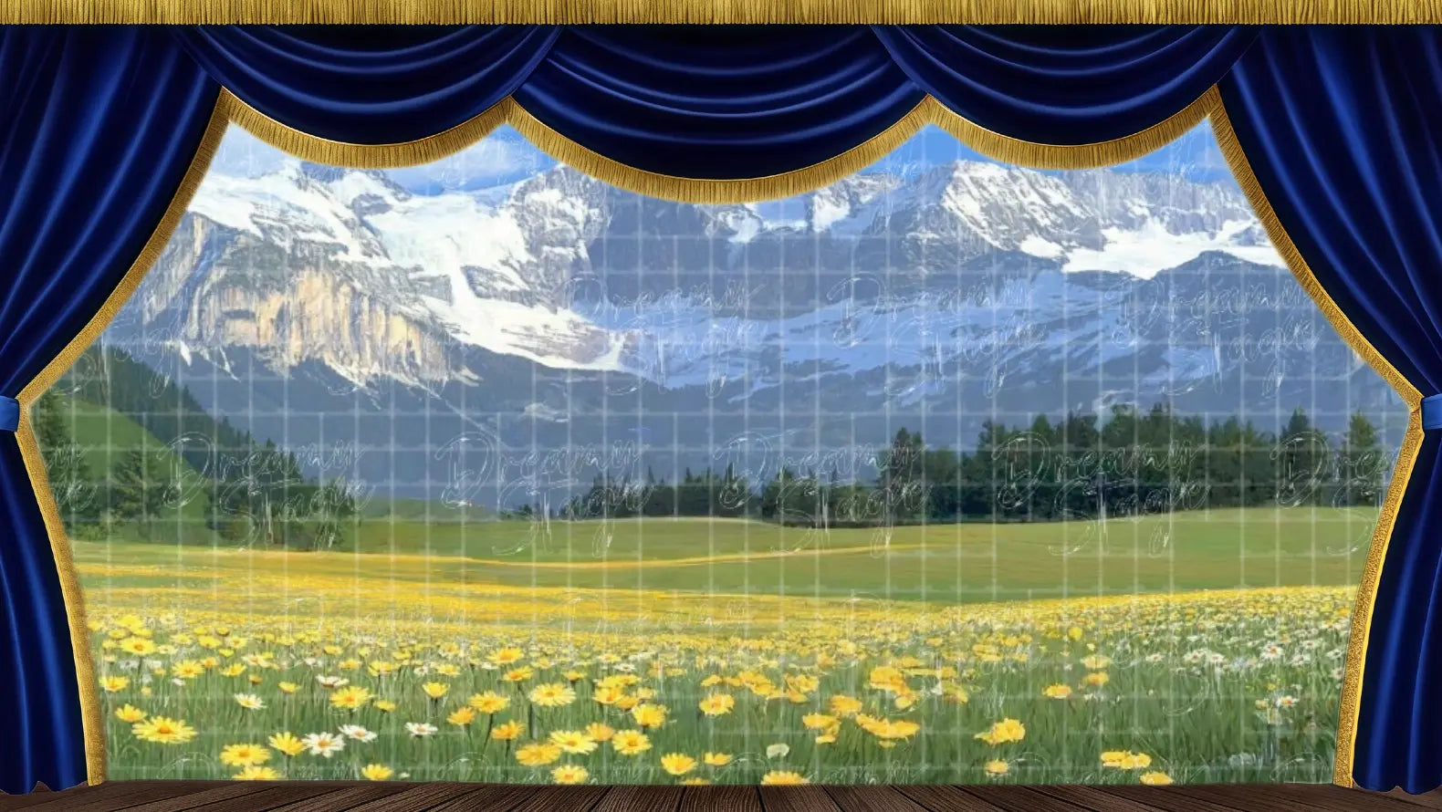 Open alpine field stage backdrop for musical theatre productions, school performances, and scenic stage design.