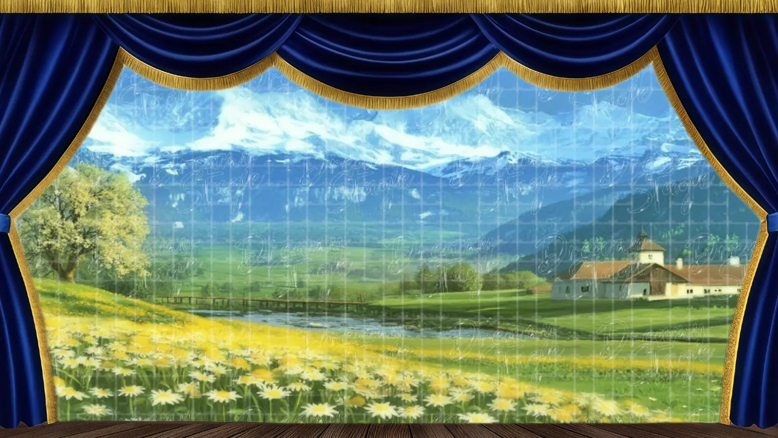Alpine meadow stage backdrop with rolling green fields and snow-capped mountains, designed as a theatrical backdrop for The Sound of Music musical, school theatre productions, and professional stage scenery.