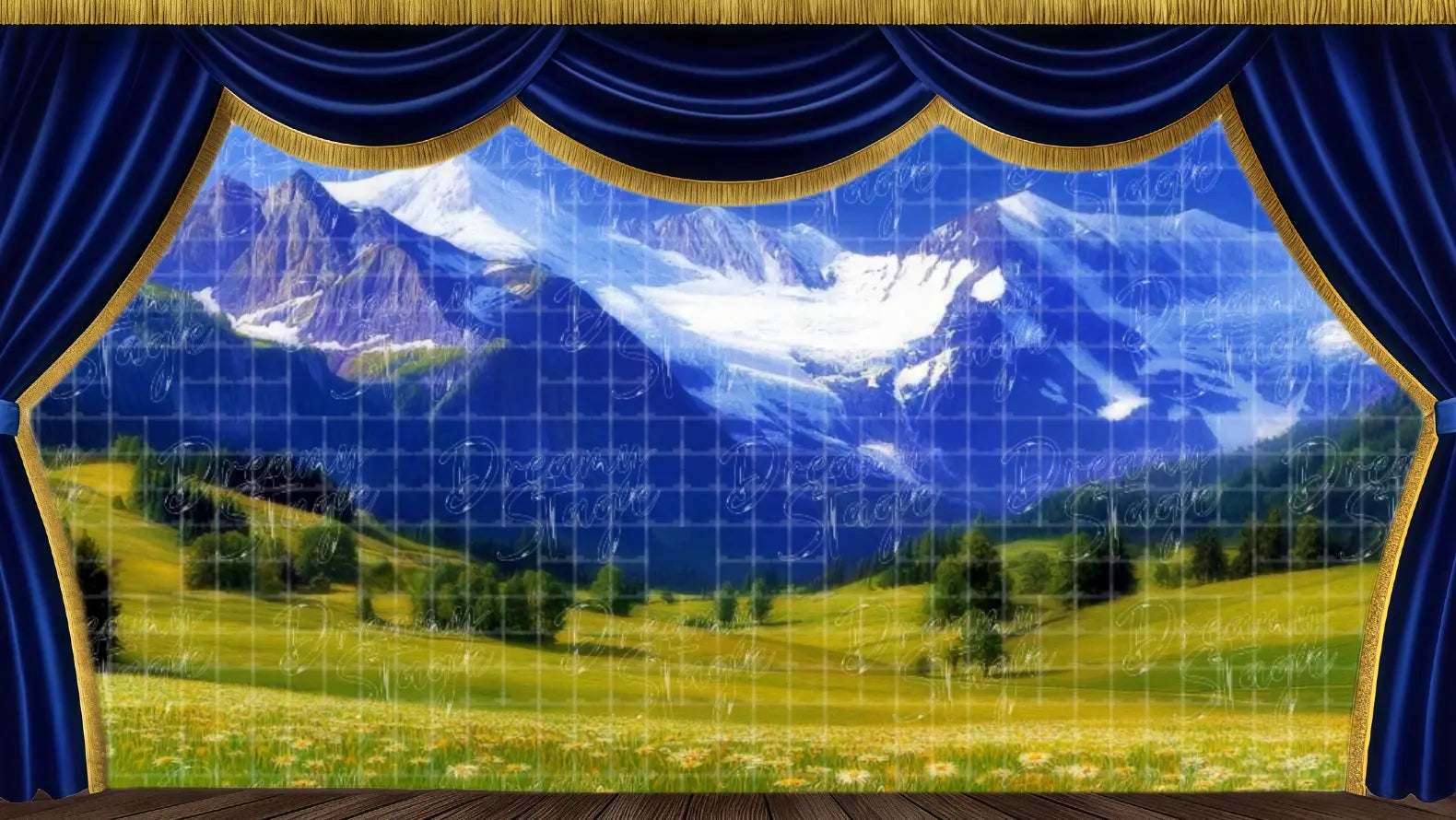 Alpine valley stage backdrop with expansive mountain views, created for musical theatre productions, school stage backdrops, and scenic storytelling.