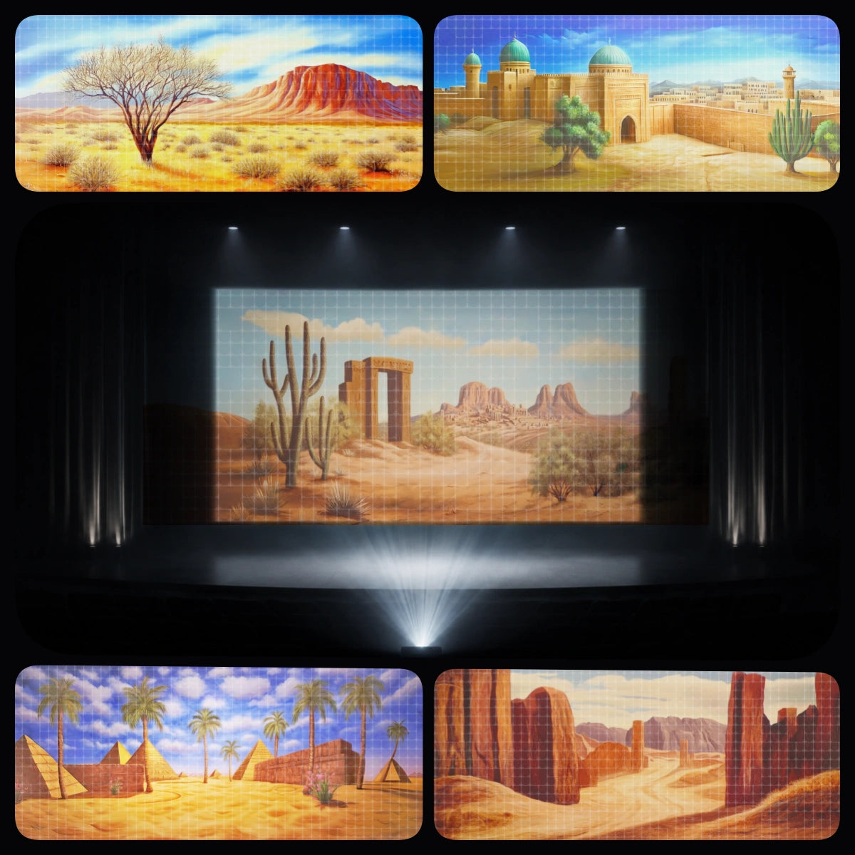 Ancient Desert essential digital backdrop bundle featuring Holy Land village scenery, pyramid desert landscape, biblical marketplace setting, red canyon views, and wilderness stage projection for church drama, VBS Bible lessons, Sunday school performances, children’s ministry, Passion Plays, and Easter productions.