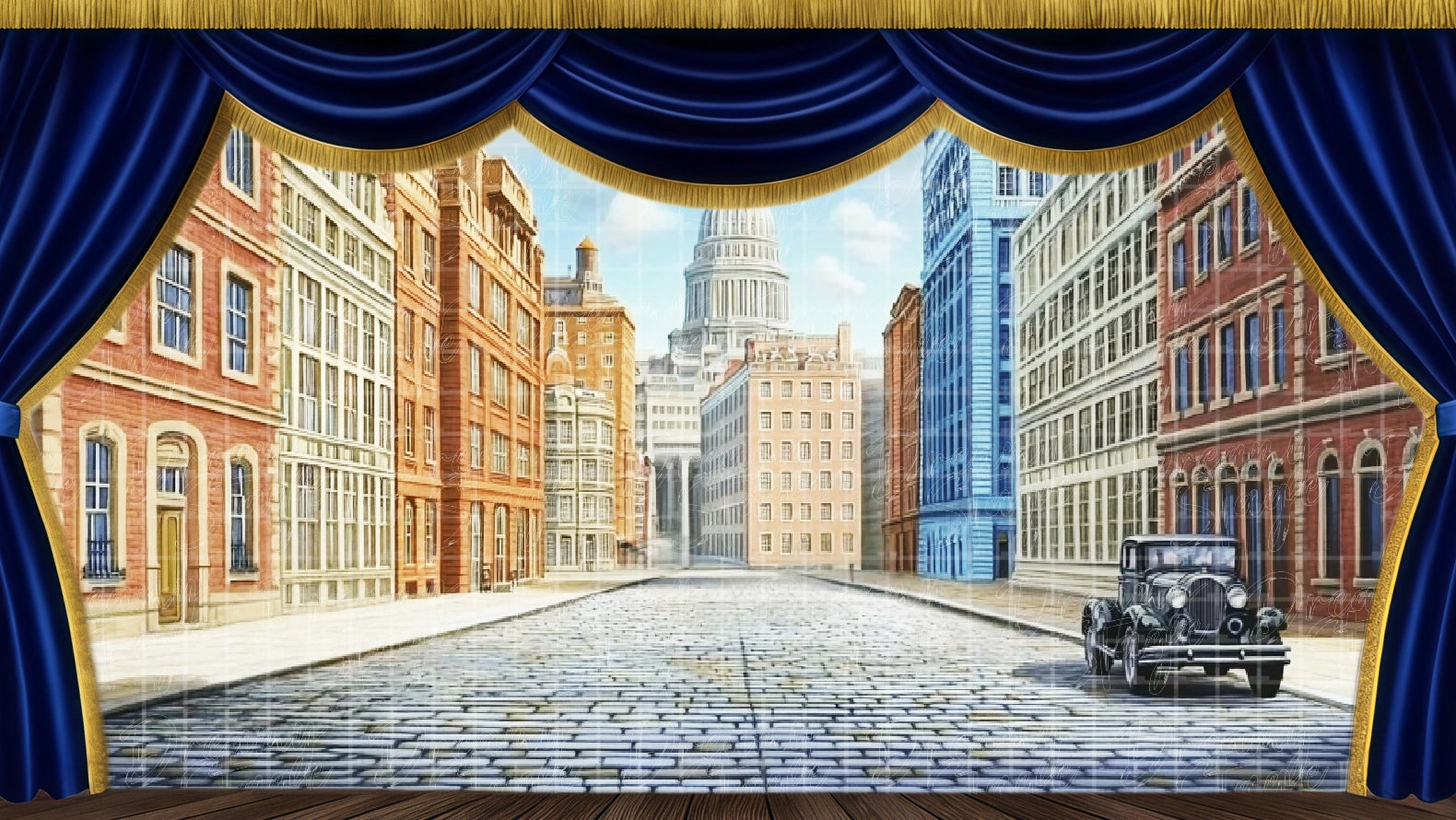 vintage city avenue backdrop. Digital stage backdrop for HD projection, virtual scenery, and theatrical use.
