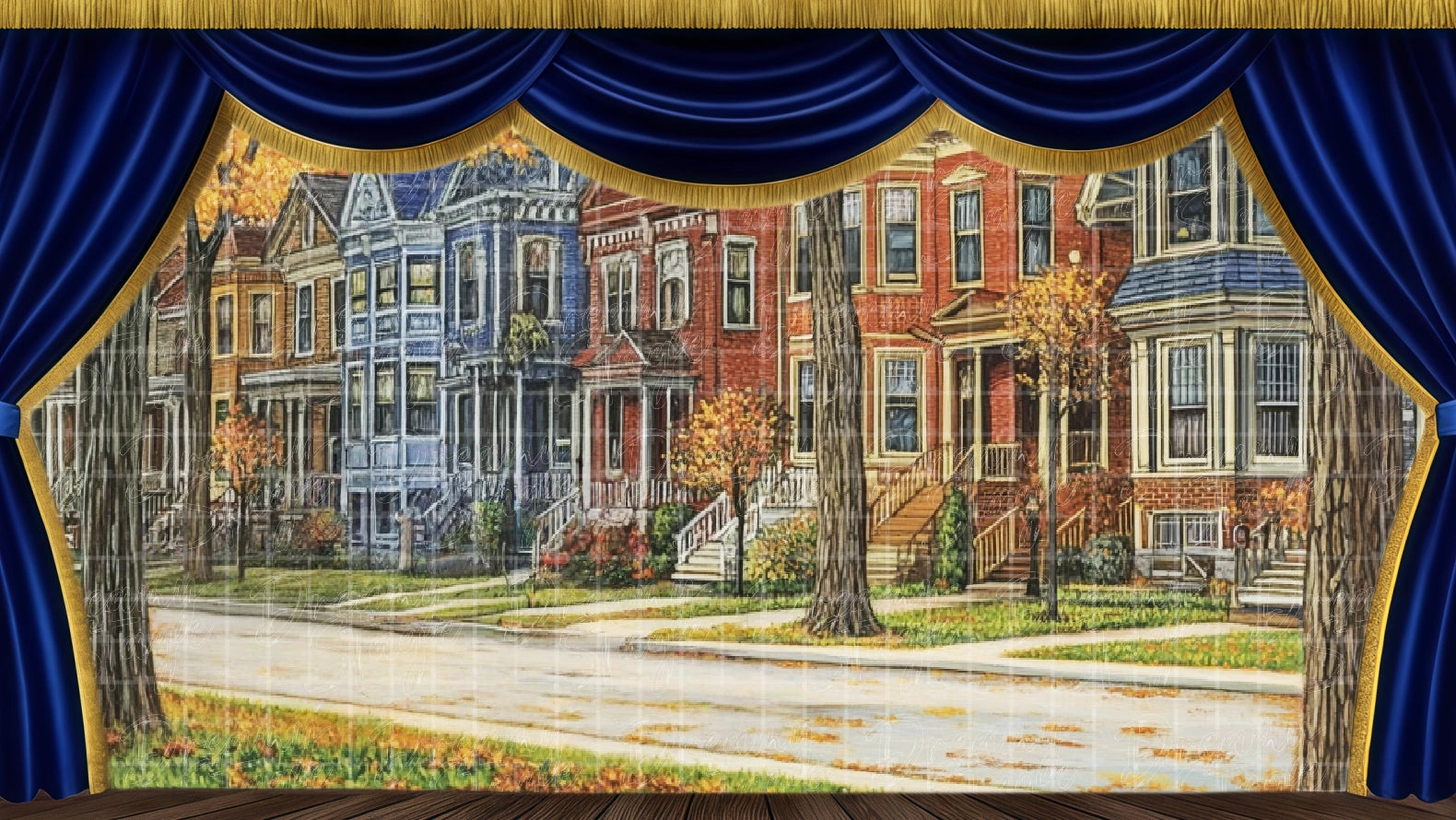 neighborhood street stage backdrop. Digital stage backdrop for HD projection, virtual scenery, and theatrical use.