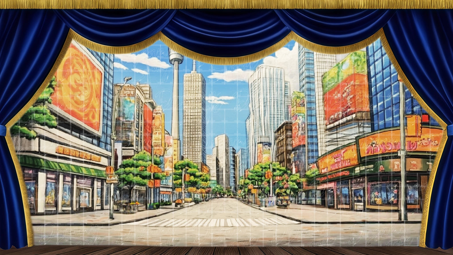 Broadway street daytime backdrop. Digital stage backdrop for HD projection, virtual scenery, and theatrical use.