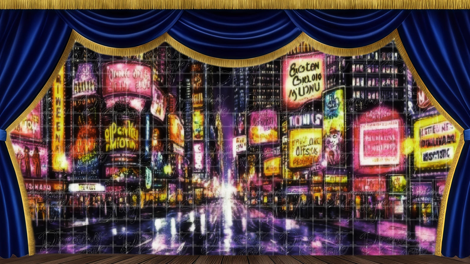 Broadway theatre night backdrop. Digital stage backdrop for HD projection, virtual scenery, and theatrical use.
