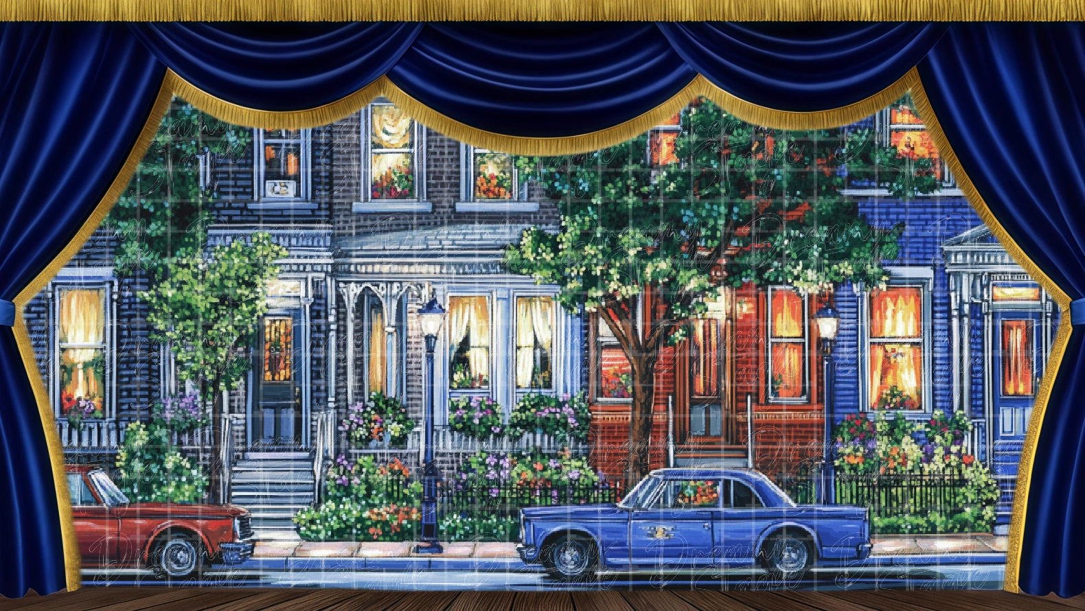 brownstone street backdrop Annie. Digital stage backdrop for HD projection, virtual scenery, and theatrical use.