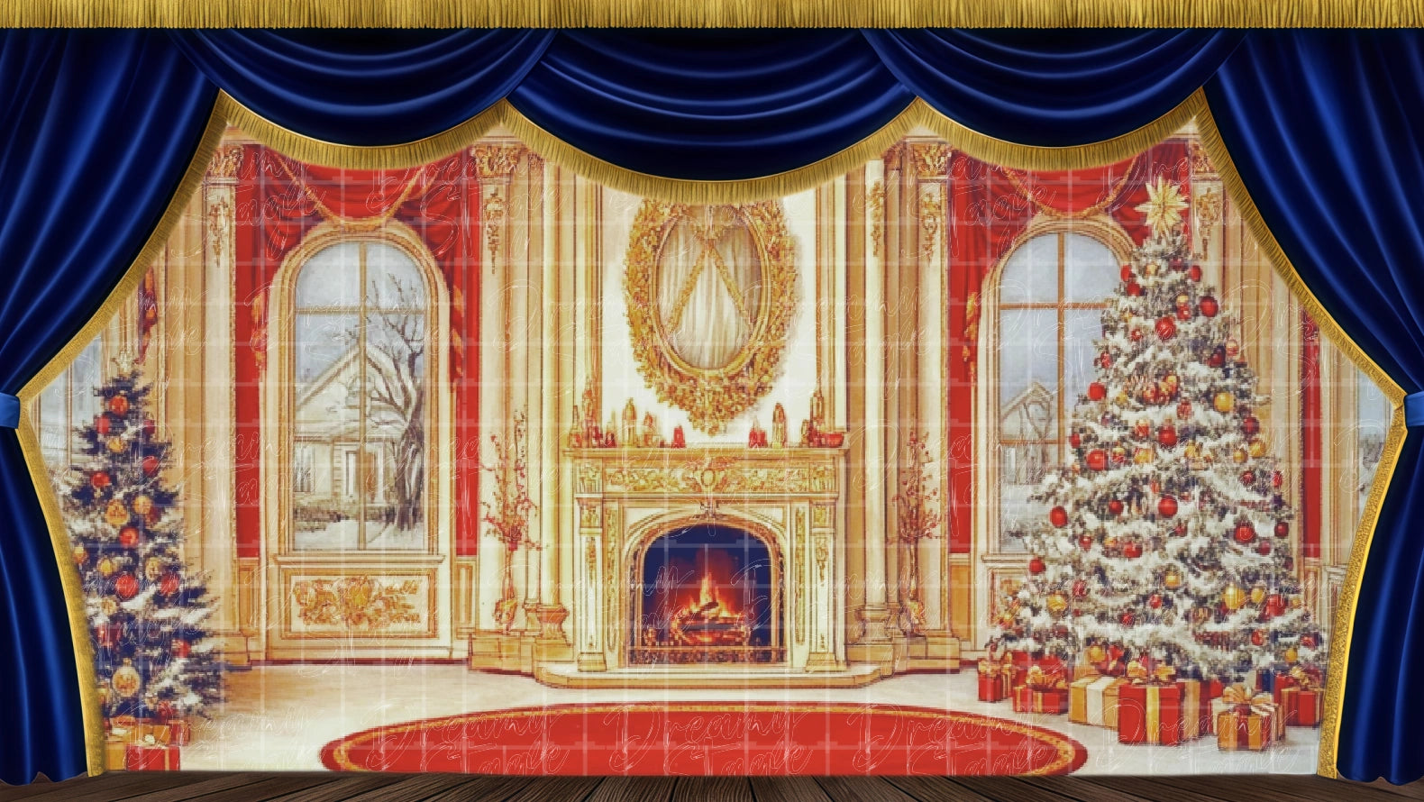 Christmas mansion backdrop Annie. Digital stage backdrop for HD projection, virtual scenery, and theatrical use.