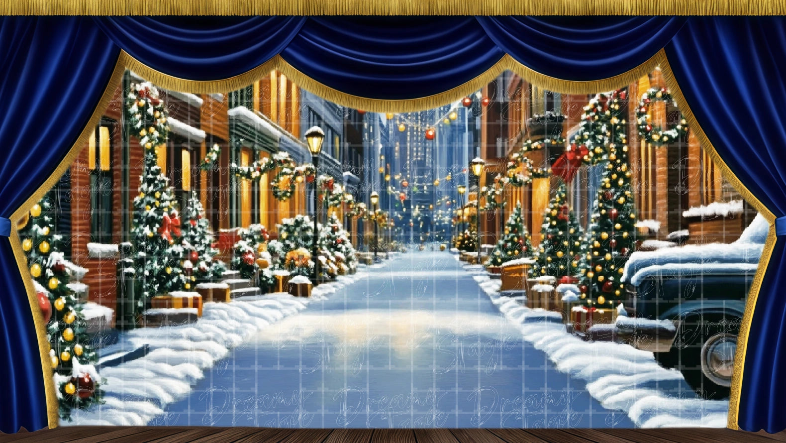 snowy Christmas street backdrop. Digital stage backdrop for HD projection, virtual scenery, and theatrical use.