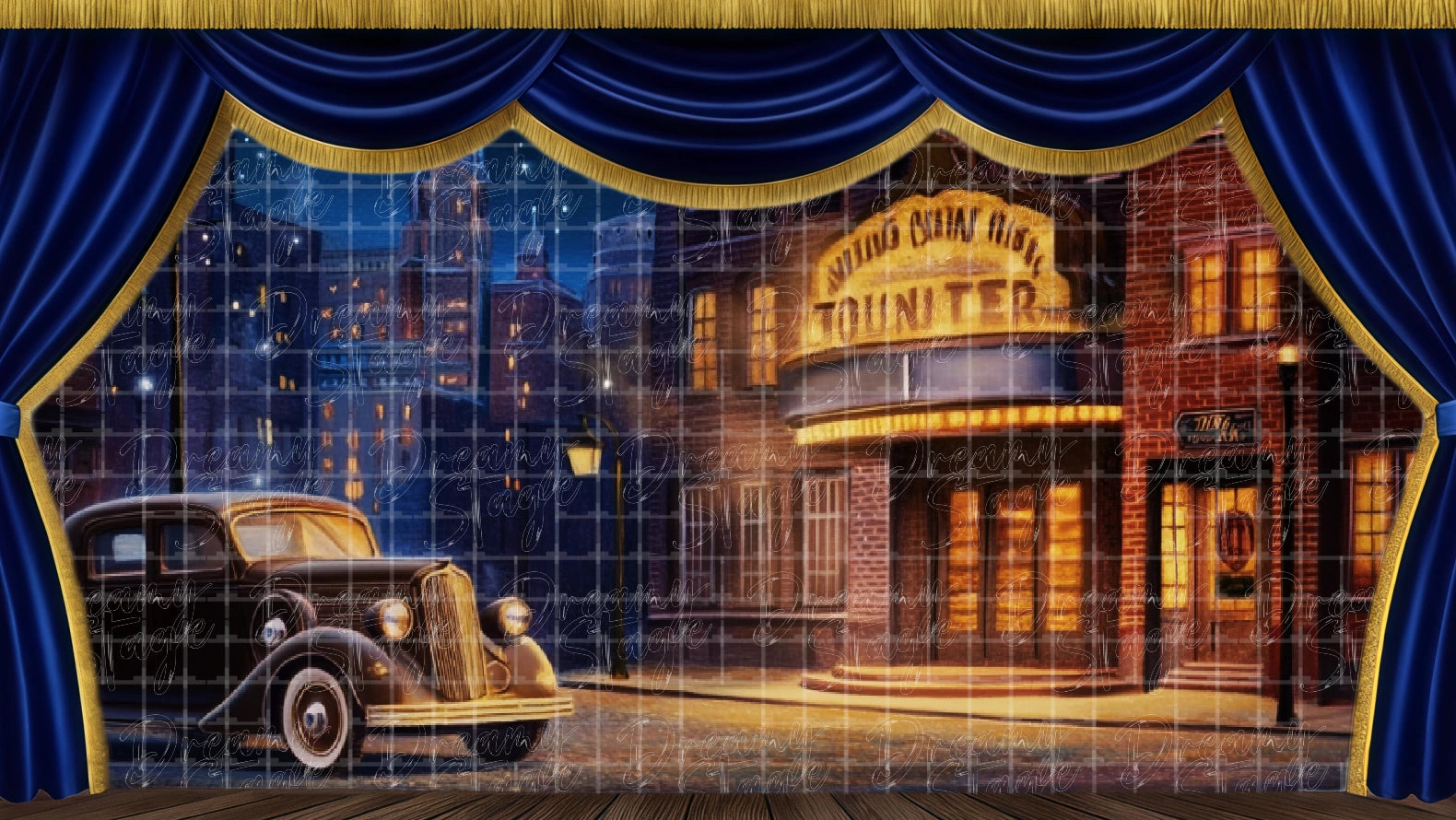 theatre exterior backdrop Annie. Digital stage backdrop for HD projection, virtual scenery, and theatrical use.