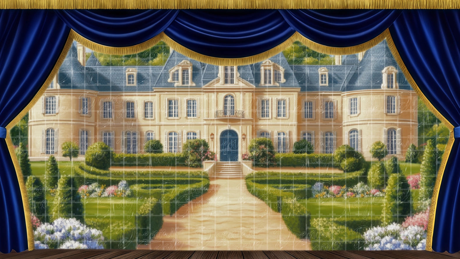 mansion garden backdrop Annie. Digital stage backdrop for HD projection, virtual scenery, and theatrical use.