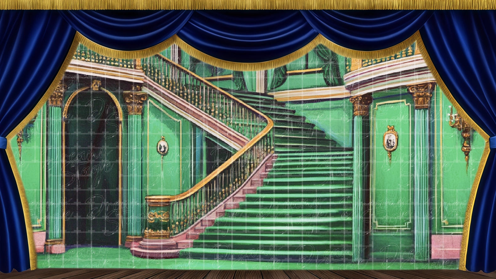 mansion staircase backdrop Annie. Digital stage backdrop for HD projection, virtual scenery, and theatrical use.