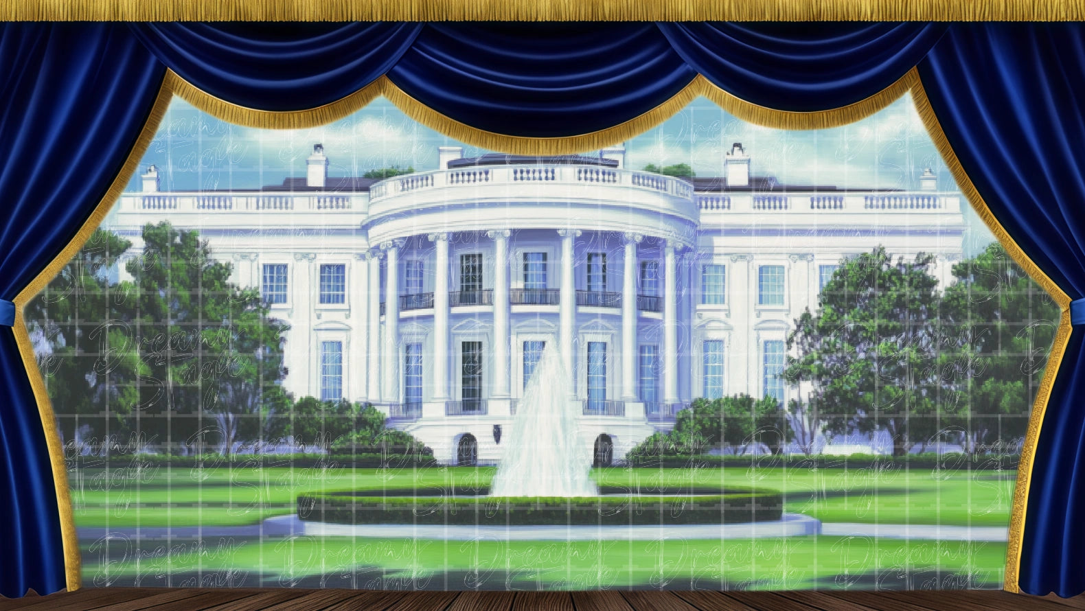 White House backdrop Annie. Digital stage backdrop for HD projection, virtual scenery, and theatrical use.