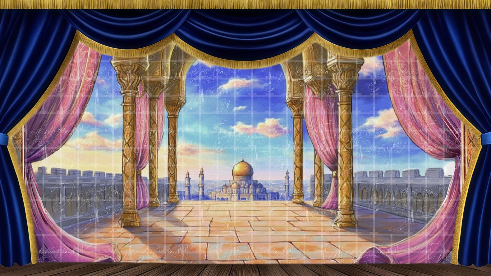 Arabian palace balcony stage backdrop for romantic musical scenes.