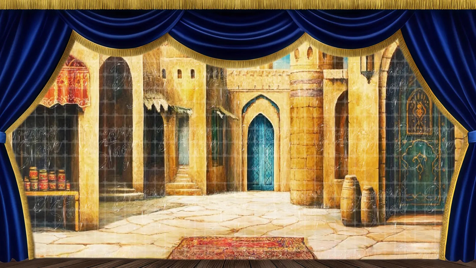 Middle Eastern palace courtyard stage backdrop ideal for royal musical scenes.