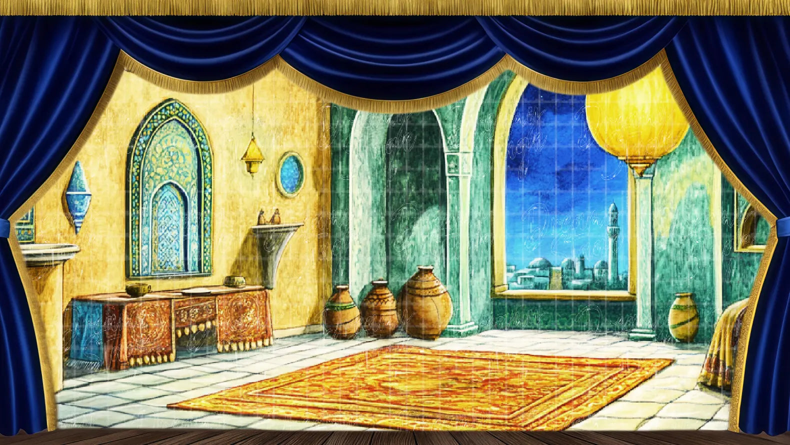 Arabian palace interior stage backdrop featuring lantern lighting and royal decor.