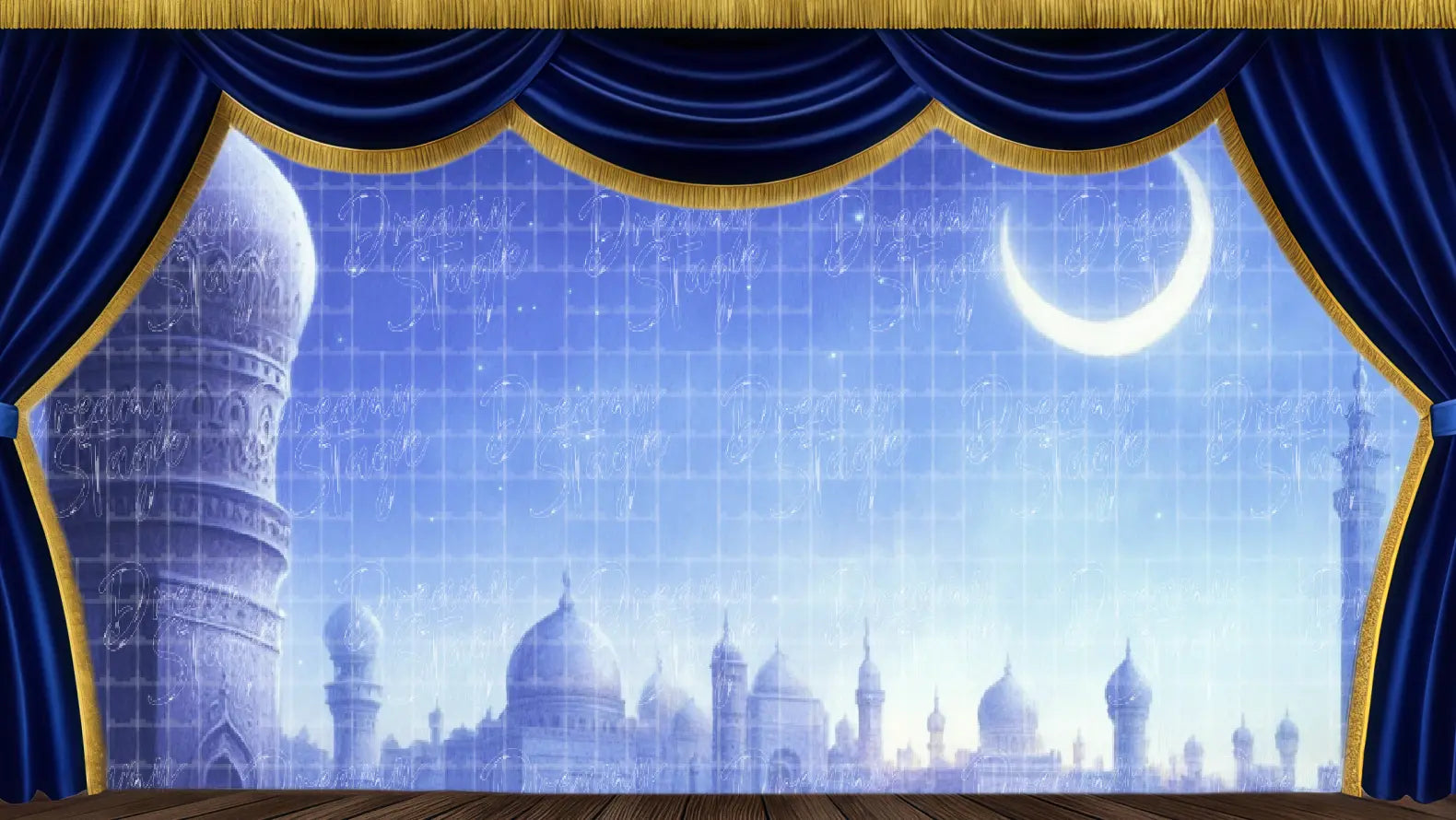 Moonlit palace skyline stage backdrop for romantic musical scenes.