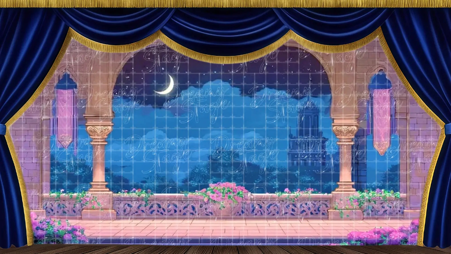 Elegant castle garden terrace with stone arches, balustrade, and a glowing moonlit sky, perfect as a romantic balcony stage backdrop for Cinderella duets or final scenes.