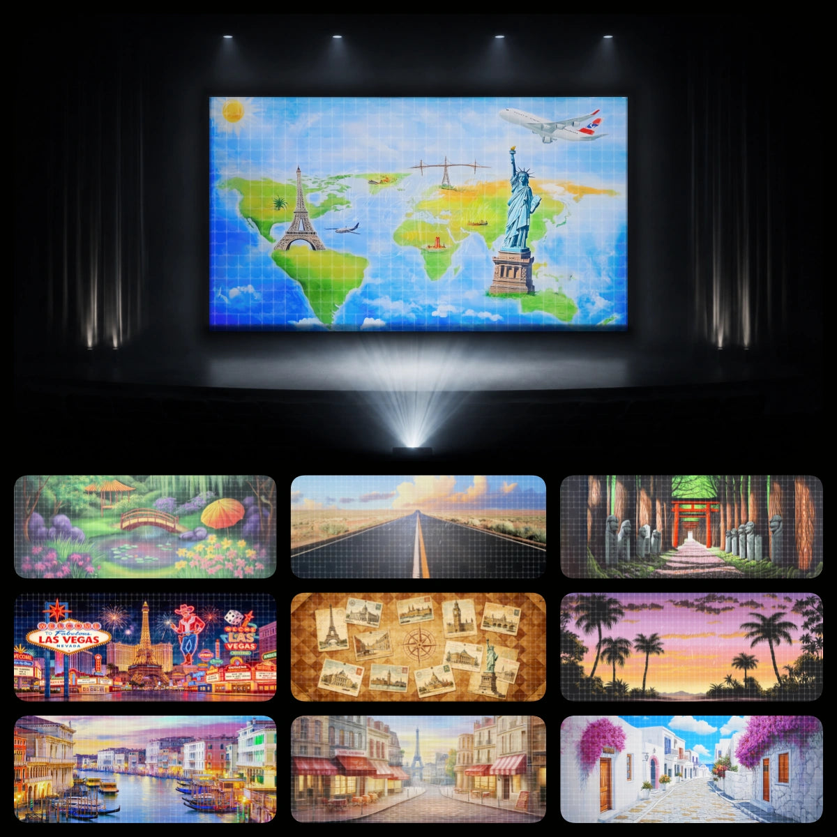 Complete world tour dance recital backdrop bundle featuring travel map, Japanese garden, open road, shrine gate, Las Vegas lights, postcard collage, tropical sunset, Venice canal, Paris street, and Greek island scenes.
