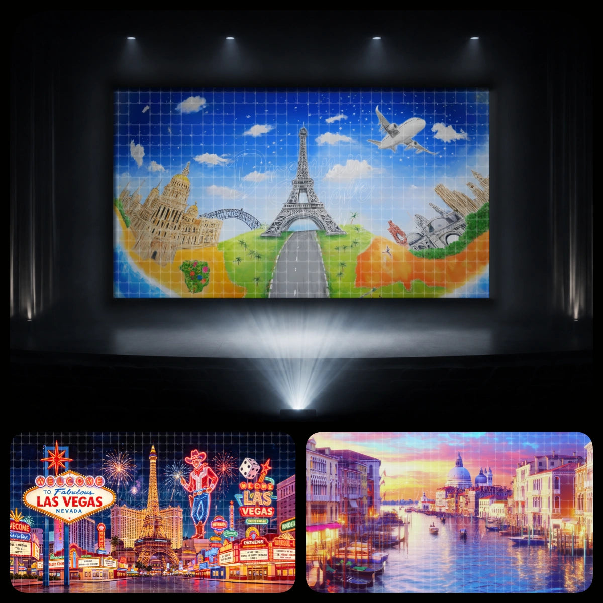 Around the World recital backdrop bundle featuring global landmark map scenery, Las Vegas neon lights, and Venice sunset canal view, ideal for travel adventure dance performances and recital stage projections.
