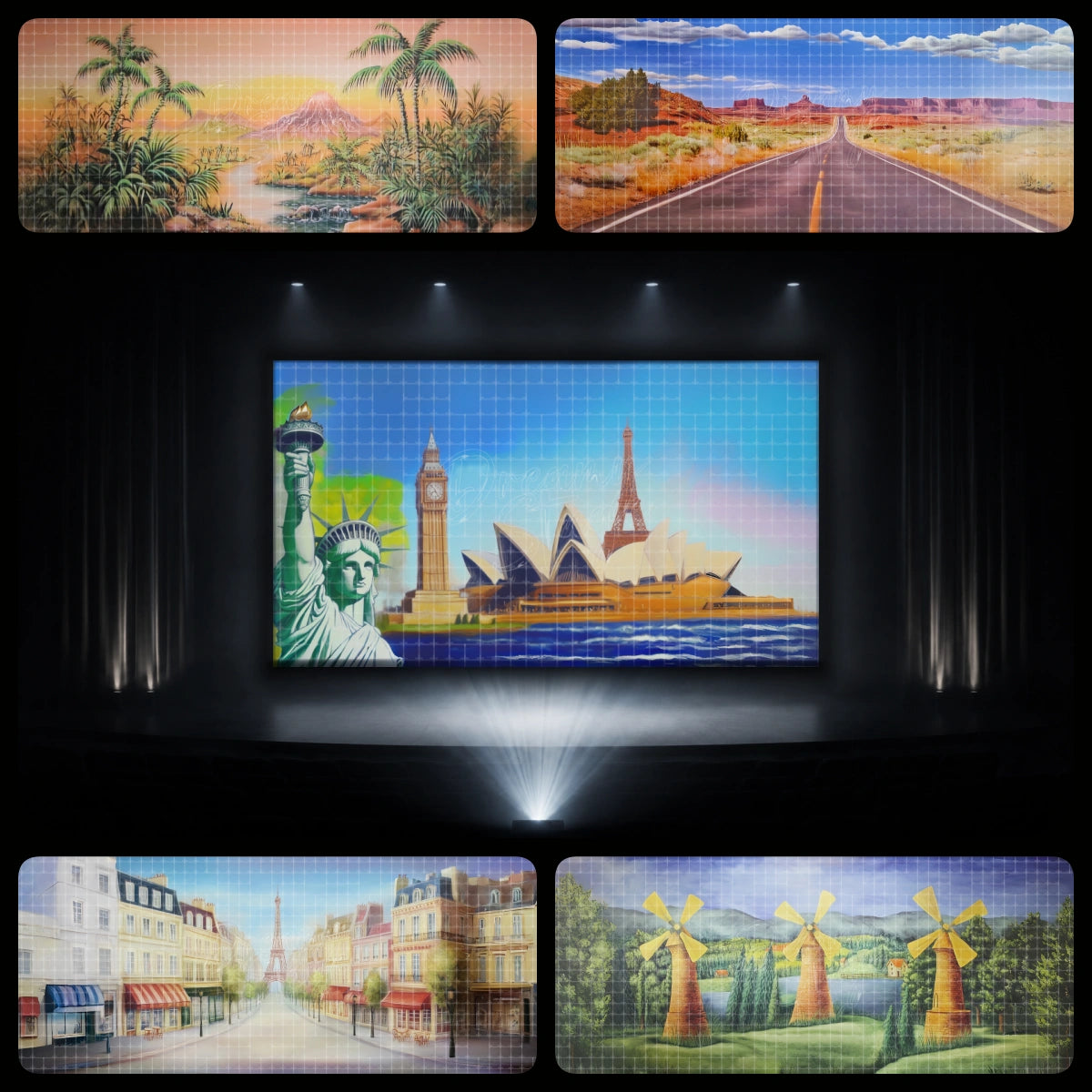 Iconic landmark tour dance recital backdrop bundle featuring an open road, Statue of Liberty, Sydney Opera House, Eiffel Tower, Paris street, windmills, and global city scenery for world tour stage themes.