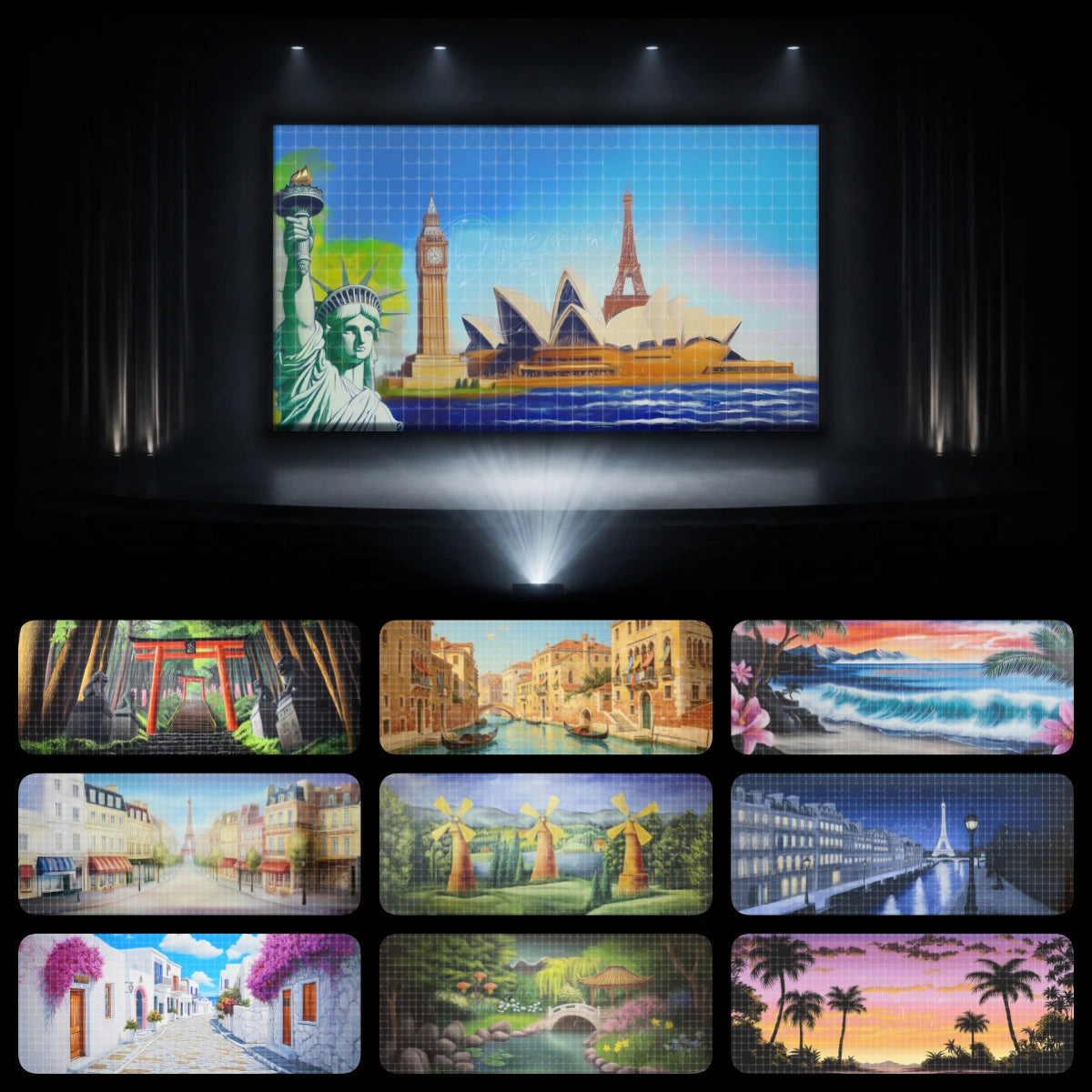 Landmark adventure dance recital digital backdrop bundle featuring Statue of Liberty, Big Ben, Eiffel Tower, Sydney Opera House, Japan shrine, Venice canal, tropical beach, Paris night, Greek island street, garden bridge, and palm sunset scenery.