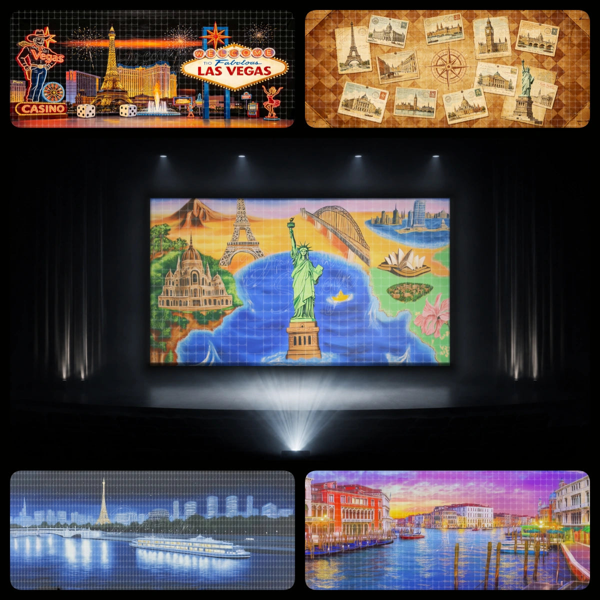 Passport journey dance recital backdrop bundle featuring Las Vegas lights, vintage travel postcards, world landmark map, Paris night skyline, and Venice canal scenery for global travel stage performances.