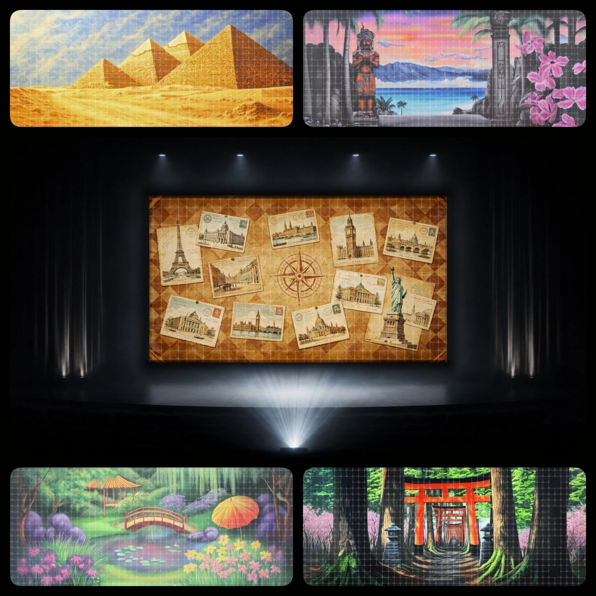 Around the World dance recital backdrop bundle featuring Egyptian pyramids, tropical island scenery, vintage travel postcard collage, Japanese garden bridge, and shrine pathway for international recital themes.
