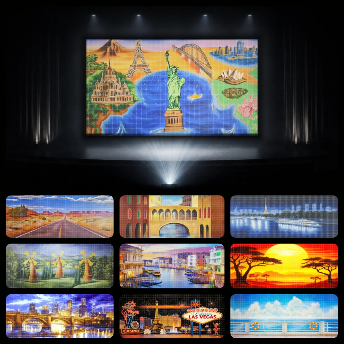 Destination travel dance recital backdrop bundle featuring road trip scenery, Venice bridge, Paris cruise view, windmill landscape, Las Vegas lights, safari sunset, city skyline, and cruise deck stage background.