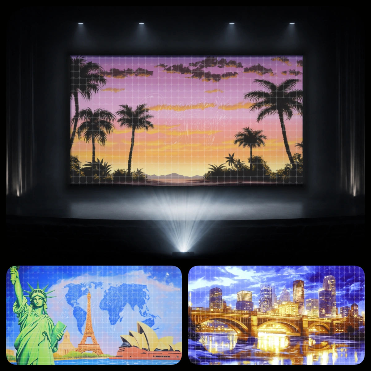 Travel theme dance recital backdrop bundle featuring tropical sunset palms, Statue of Liberty and Eiffel Tower landmark scene, and illuminated city skyline, designed for world tour performances and LED stage displays.