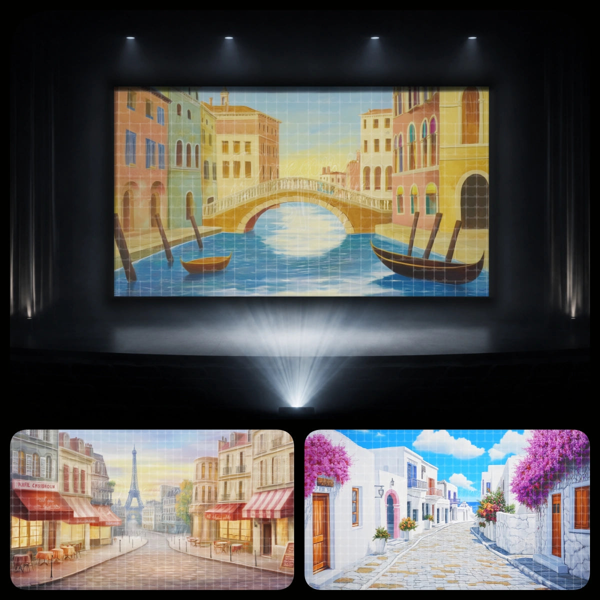 European travel dance recital backdrop bundle with Venice canal scenery, Paris street view, and white Greek island village, perfect for around the world recital themes, cultural showcase performances, and digital projection backdrops.