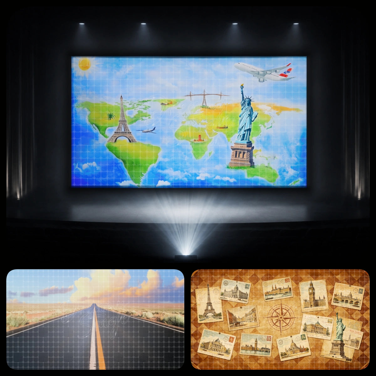 Around the World dance recital digital backdrop bundle featuring a colorful world map with landmarks, an open road scene, and vintage travel postcards, ideal for travel theme dance recitals, school showcases, and projection stage backgrounds.