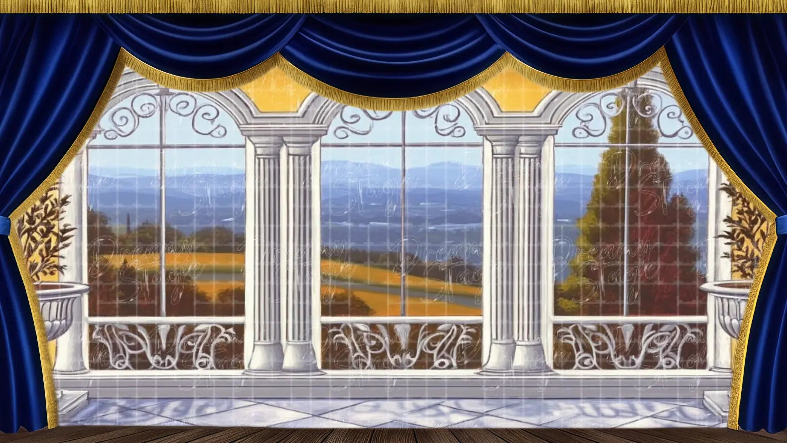 Balcony interior stage backdrop with scenic view, designed for musical theatre and elegant stage productions.