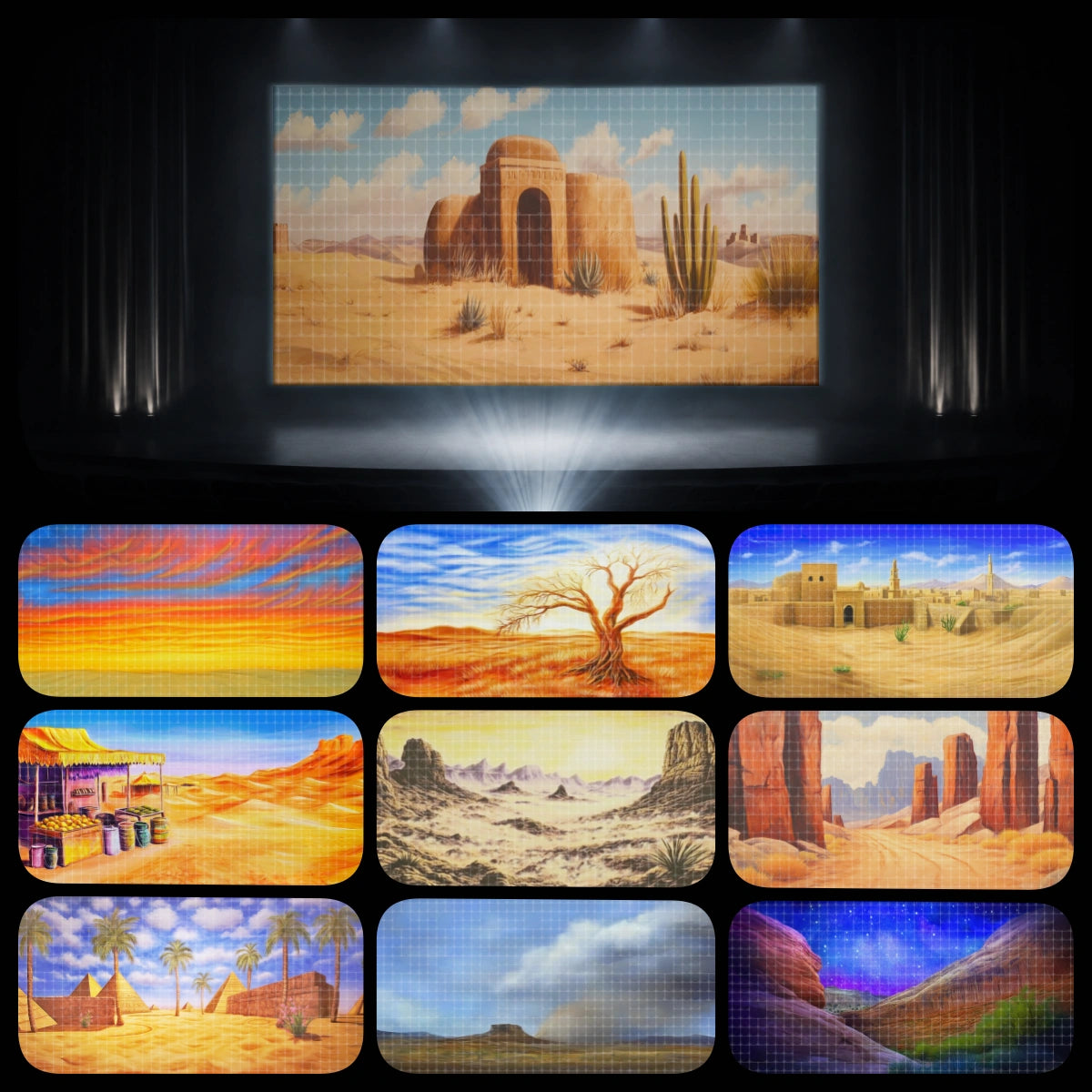 Bible Story complete digital backdrop bundle featuring Holy Land desert scenery, biblical village settings, desert marketplace, Ancient Egypt pyramids, canyon landscapes, wilderness paths, and sunset valley projection backgrounds for church drama, Sunday school plays, VBS Bible lessons, children’s ministry, Nativity plays, Easter performances, Passion Plays, and faith-based stage productions.
