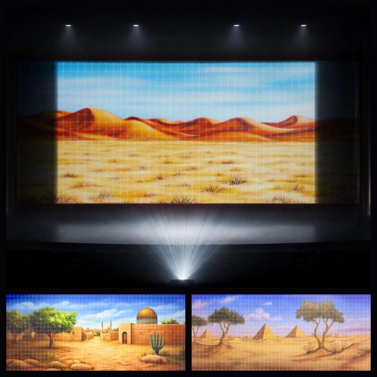 Bible Story desert mini digital backdrop bundle featuring Holy Land desert scenery, ancient city walls, pyramid landscape, and wilderness stage projection backgrounds for church drama, Sunday school plays, VBS Bible lessons, children’s ministry, Nativity plays, Easter performances, and faith-based theatre.