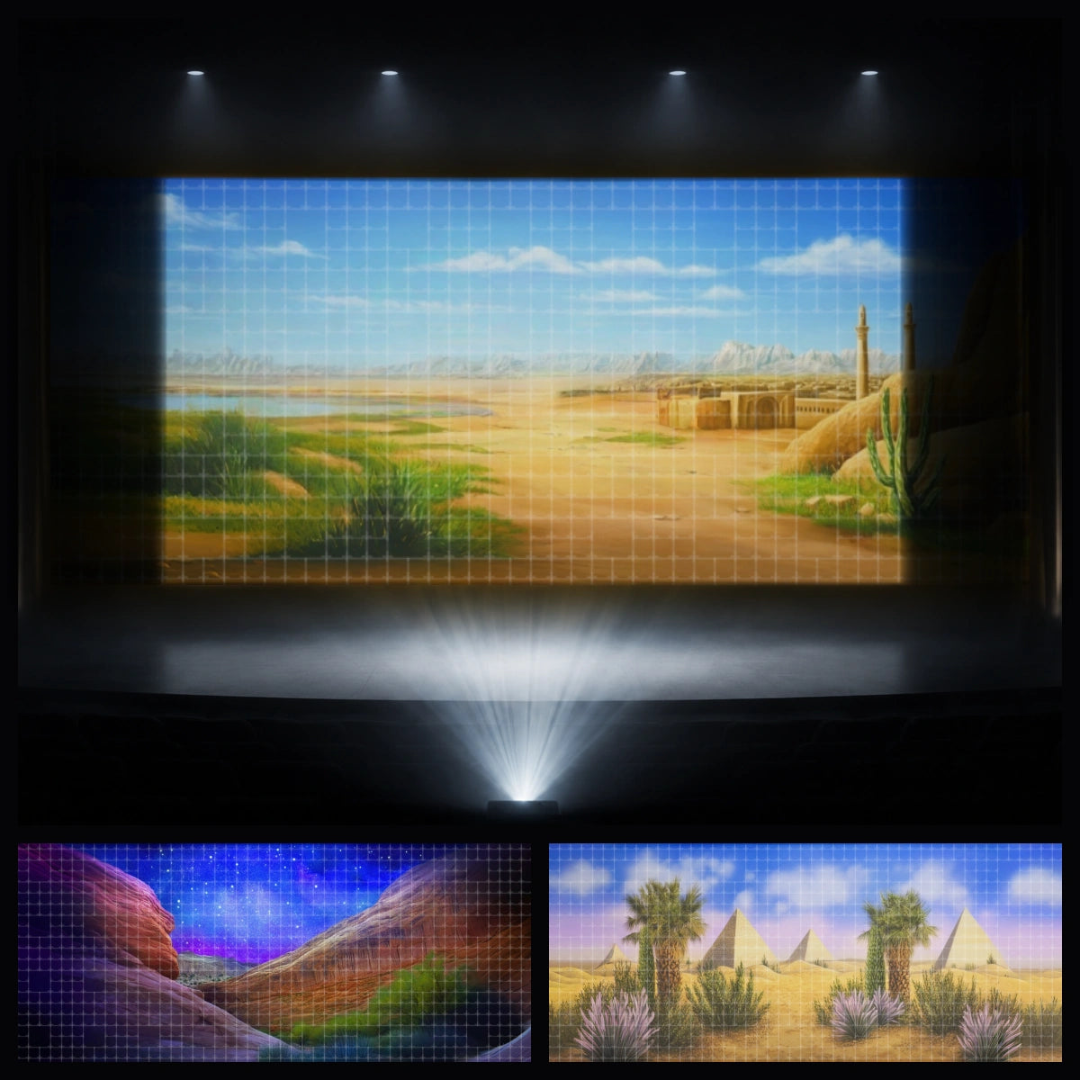 Biblical Wilderness mini digital backdrop bundle featuring desert village scenery, red canyon landscape, Ancient Egypt pyramid background, and Holy Land-inspired stage projection for church drama, VBS programs, Bible camp, Sunday school performances, children’s ministry, and biblical storytelling.