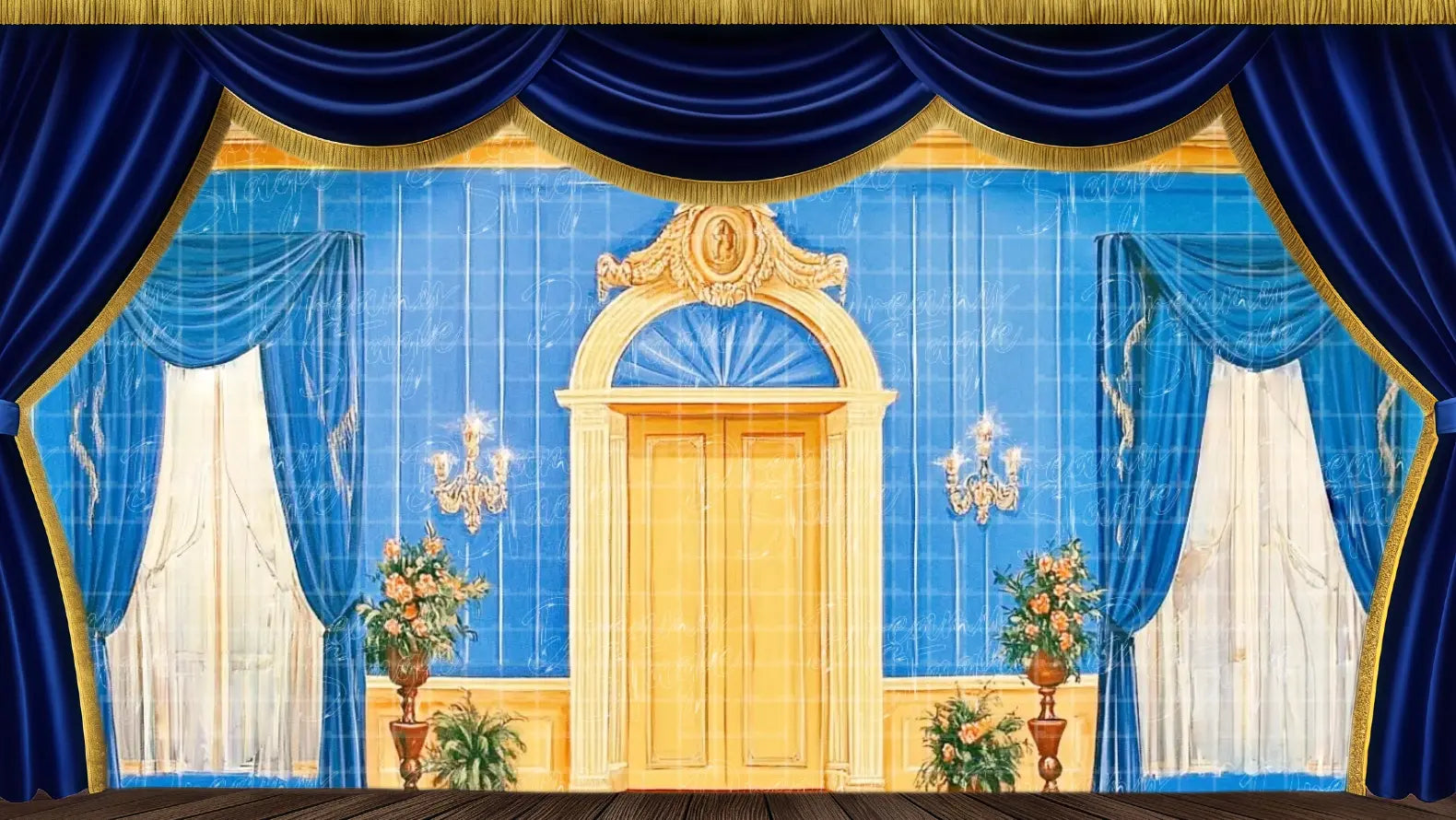 A stately blue and gold castle lobby with tall columns, vases, and a central golden door, perfect as a regal entrance stage backdrop for Cinderella productions or palace scenes.