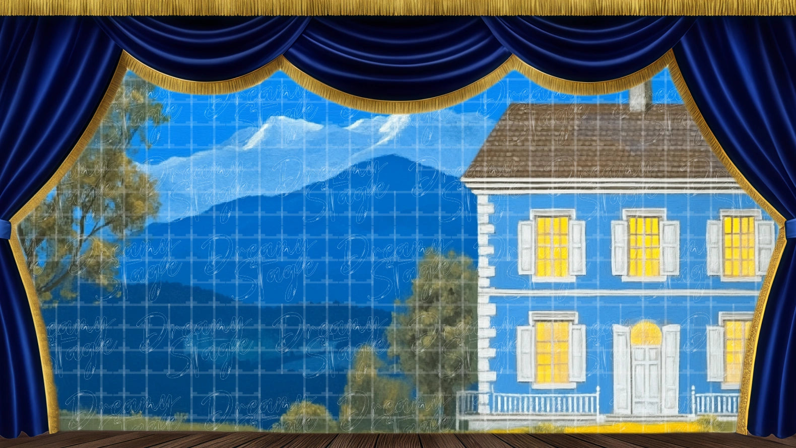 Suburban house backdrop with night lighting, ideal for Footloose scenes. Digital stage backdrop for HD projection, virtual scenery, and theatrical use.