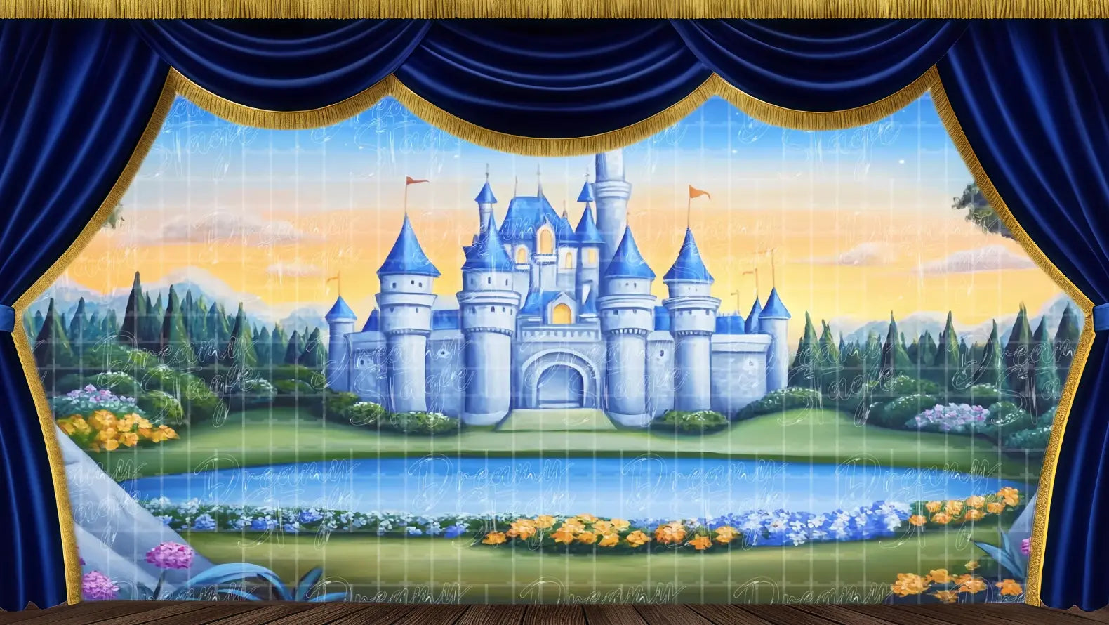 Blue fairytale castle glowing at twilight beside a lake, with soft hills and trees, designed as a wide stage backdrop for Cinderella or princess-themed theatre productions.