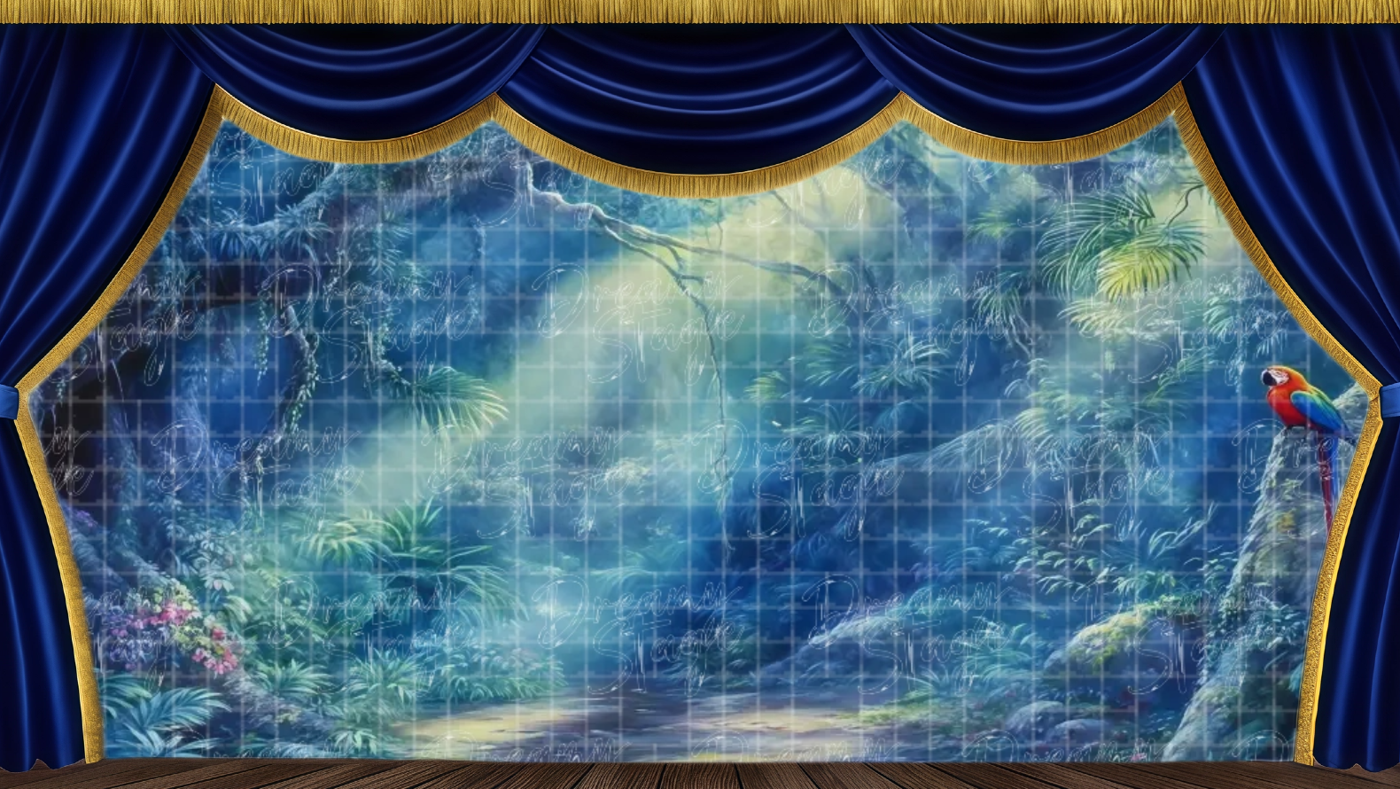 Moonlit jungle theatrical backdrop featuring a mysterious forest path illuminated by blue light and soft fog. Ideal for Hakuna Matata or jungle-journey scenes.