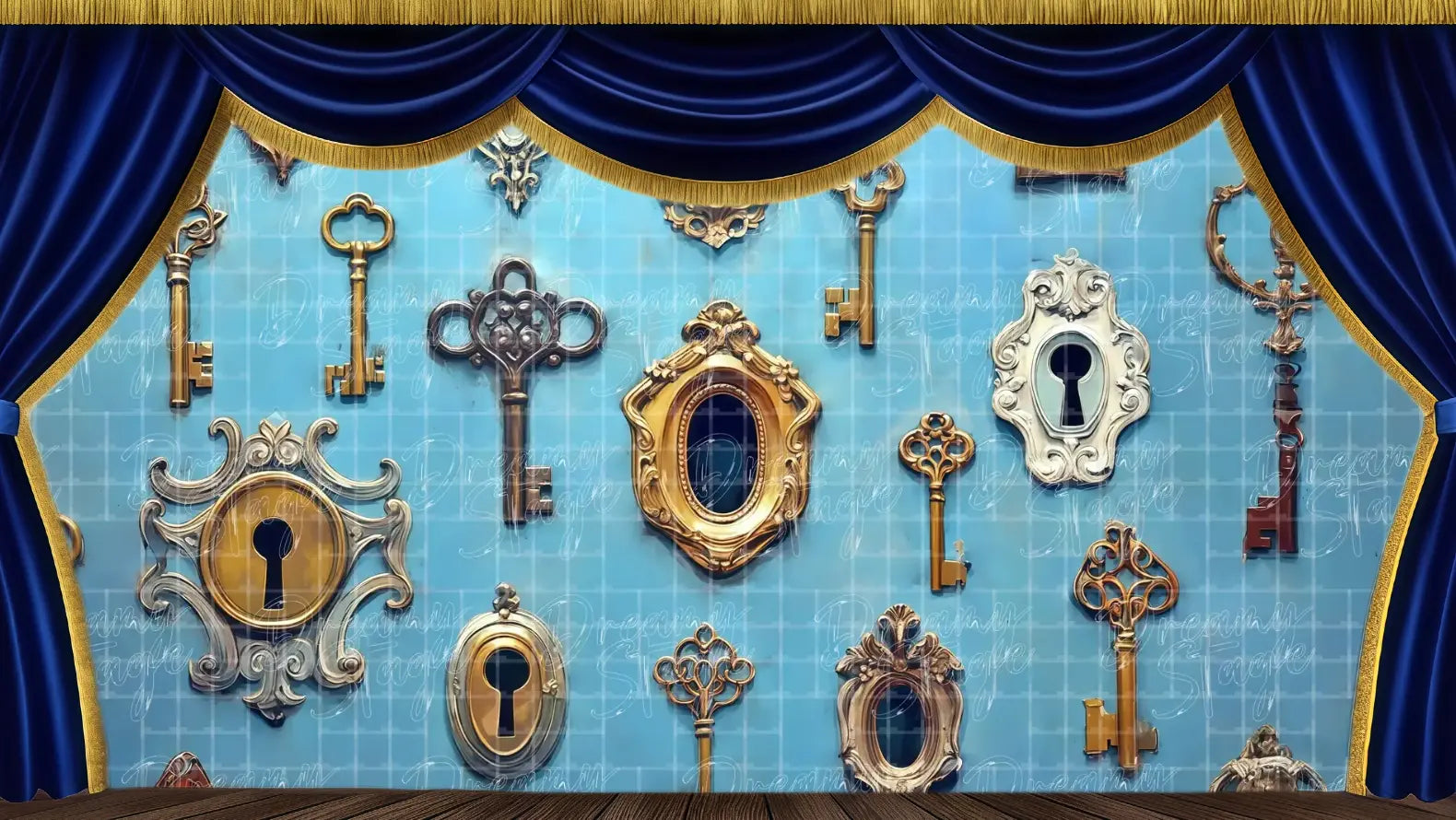 Vintage keys and keyhole wall stage backdrop in Wonderland style, featuring ornate brass keys on a blue background. Ideal theatrical backdrops for door-choice scenes, fantasy plays, and escape-room themed performances. Available in Microfiber, Outdoor Linen, and Theatre-Certified Fabric.
